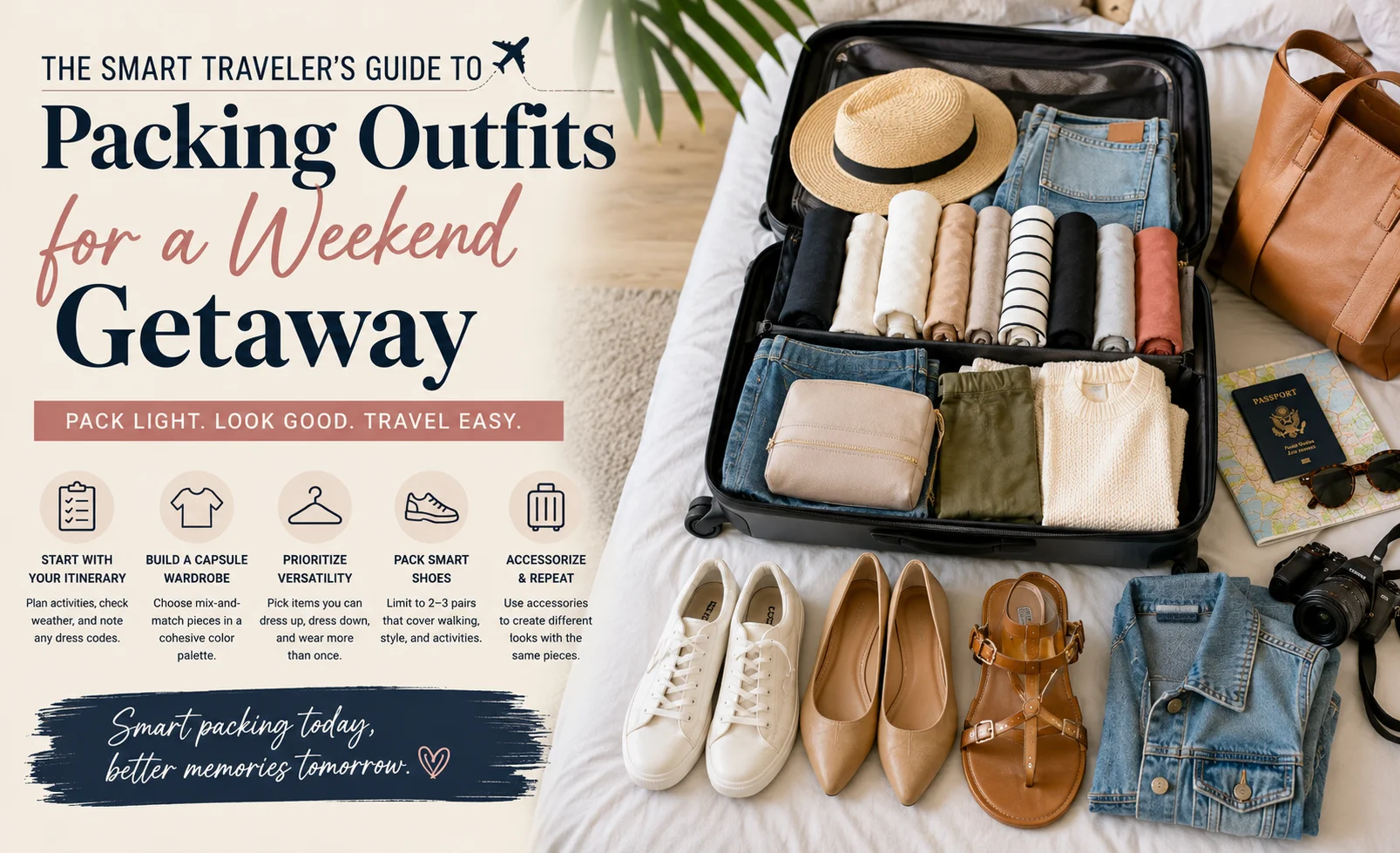 Neatly packed suitcase with versatile clothing, shoes, and travel essentials for a weekend getaway, illustrating smart outfit planning, capsule wardrobe packing, and stylish travel organization.